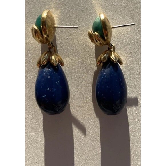 Vintage Neoclassical Faux Malacite & Faux Lapis Lazuli Gold Tone Earrings Boho - Picture 10 of 11